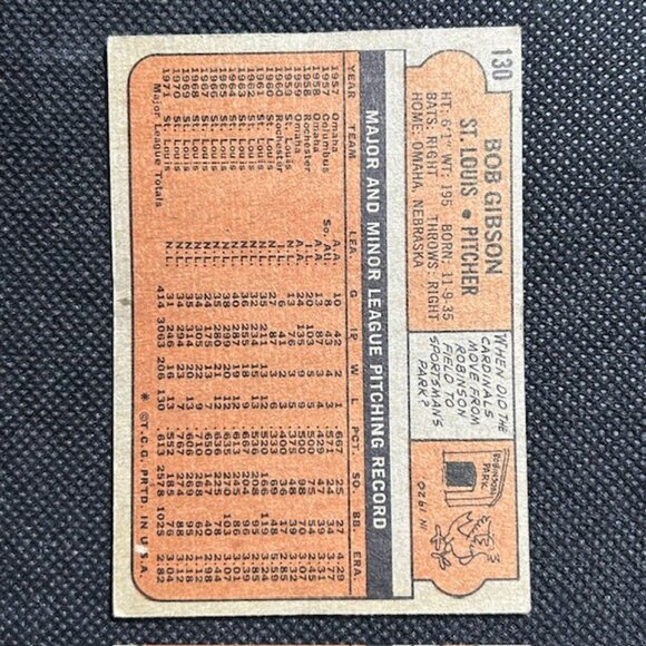1972 Topps - Bob Gibson #130 St. Louis Cardinals HOF Baseball Card Vintage - Picture 2 of 2